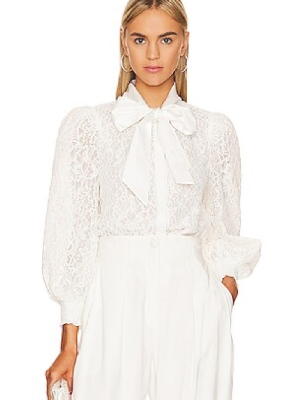 Alice + Olivia White Lace Bow-Neck Puff Sleeve Blouse